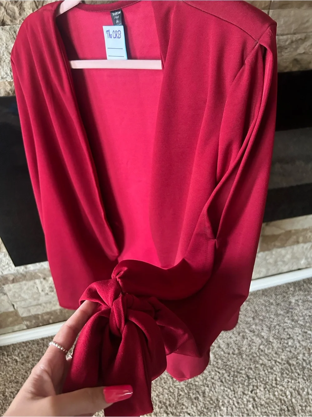 Tie-Sleeve Open Front Blazer with Slit Sleeve - Deep Wine 2X Modern Fashionista